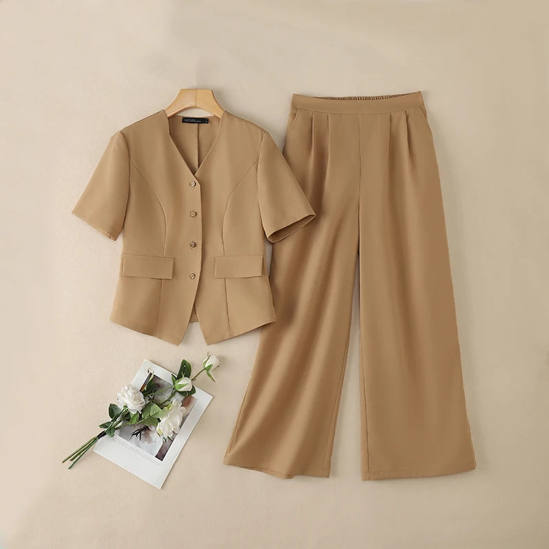 2026 ZANZEA Women Summer V Neck Short Sleeve Blouse Pant Sets Solid OL Work Outfits 2 Pieces Sets Fashion Wide Leg Trousers Suit