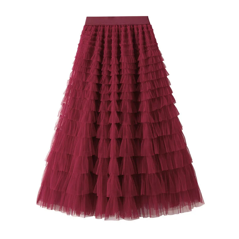 HOT Solid Multilayer Ruffle Mesh Skirt Women Boho High Waist Long Maxi Tulle Skirt Spring Summer Party Women's Clothing