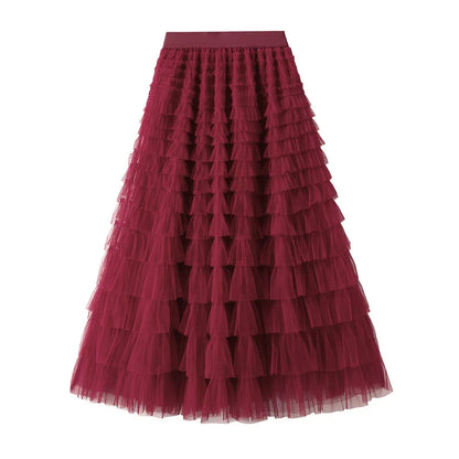HOT Solid Multilayer Ruffle Mesh Skirt Women Boho High Waist Long Maxi Tulle Skirt Spring Summer Party Women's Clothing