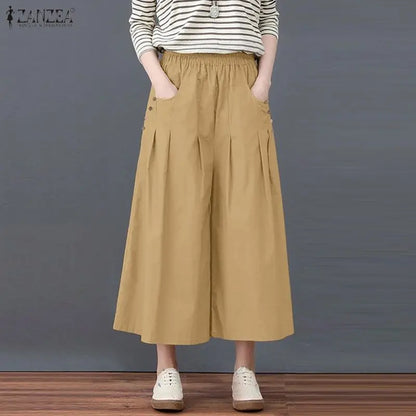 Women Casual Elastic Waist Pleated Trousers ZANZEA Solid Color Loose Wide Leg Pants Summer Capris Female Long Pant Oversize 2026