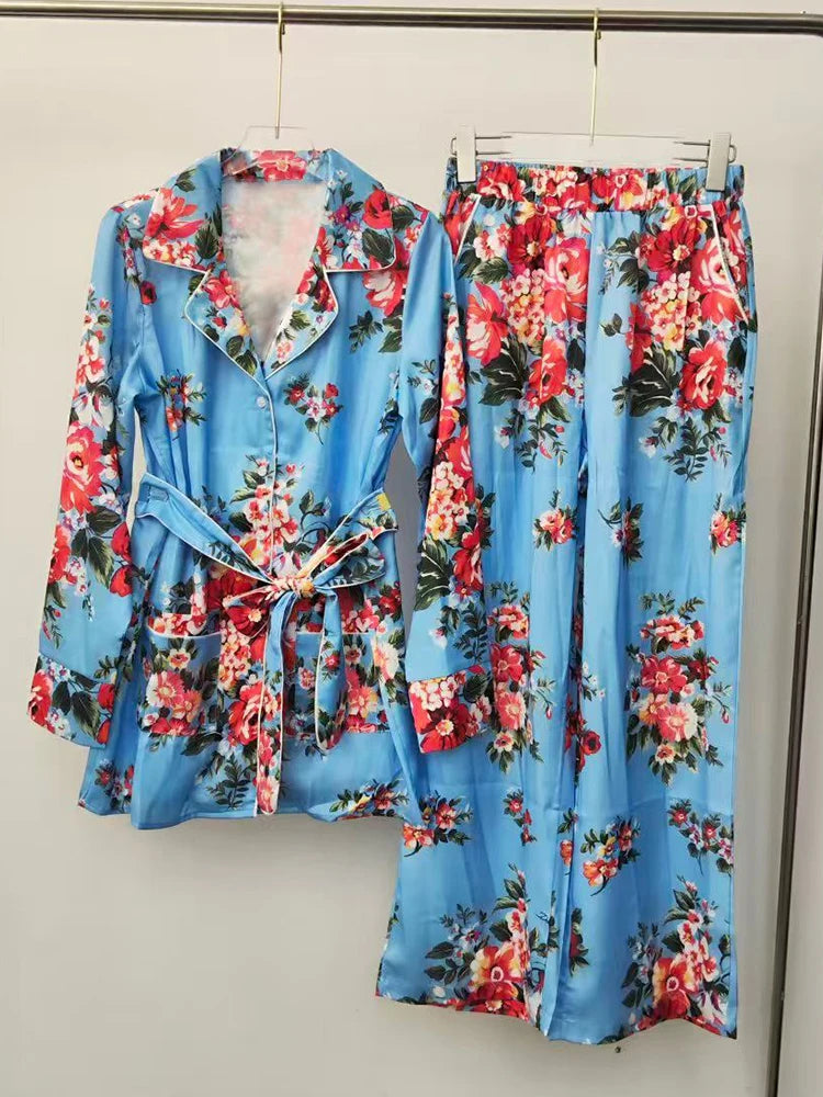2026 Spring Women's Retro Geometric Printed Pajama Style Shirt Two Piece Set+Elastic Waist Loose Wide Leg Pants Fashion Set