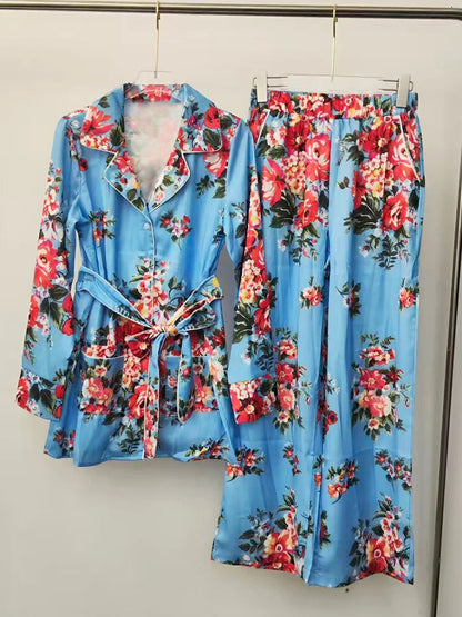 2026 Spring Women's Retro Geometric Printed Pajama Style Shirt Two Piece Set+Elastic Waist Loose Wide Leg Pants Fashion Set