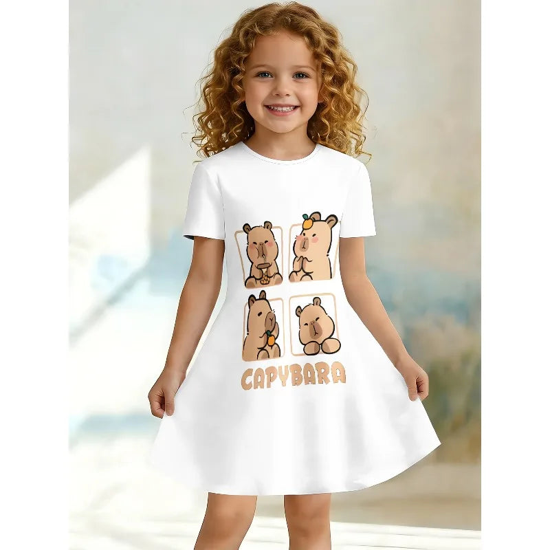 Little Girls 3 Styles Cherry Cartoon Rabbit Capybara Print Round Neck Short Sleeve A-Line Kids Summer Flared Swing Dress