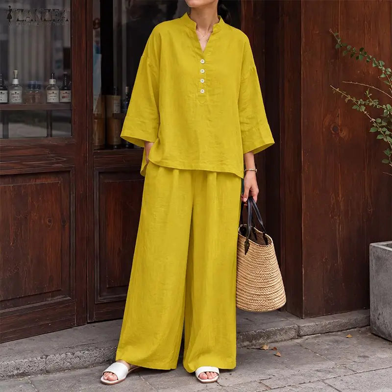 ZANZEA Women Casual Loose Pant Sets V-Neck Long Sleeve Blouse & Wide Leg Pant 2 Piece Matching Sets Autumn Daily Wear Co-ords