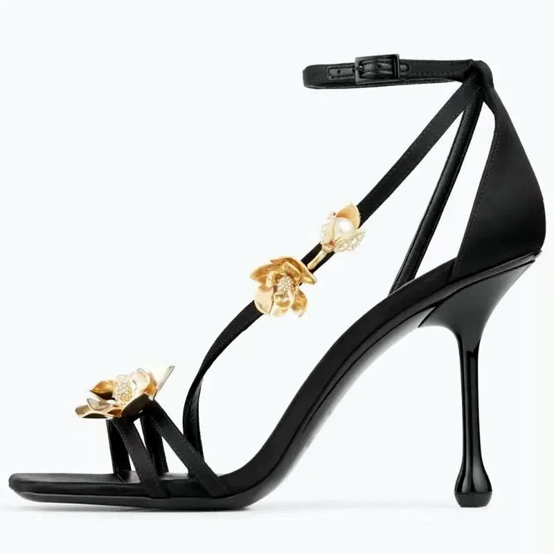Luxury Gold Flower Decoration Ankle-Wrap Heeled Sandals Women Summer Sexy Square Toe High Heels Elegant Banquet Wedding Shoes