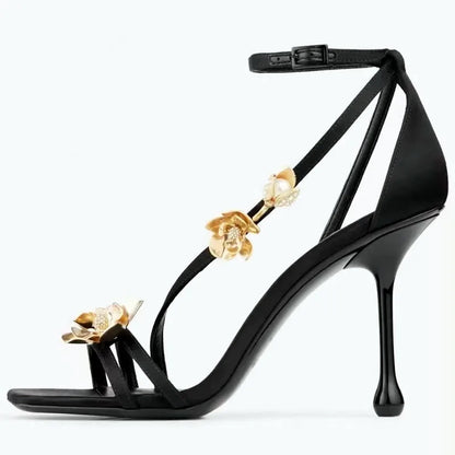Luxury Gold Flower Decoration Ankle-Wrap Heeled Sandals Women Summer Sexy Square Toe High Heels Elegant Banquet Wedding Shoes