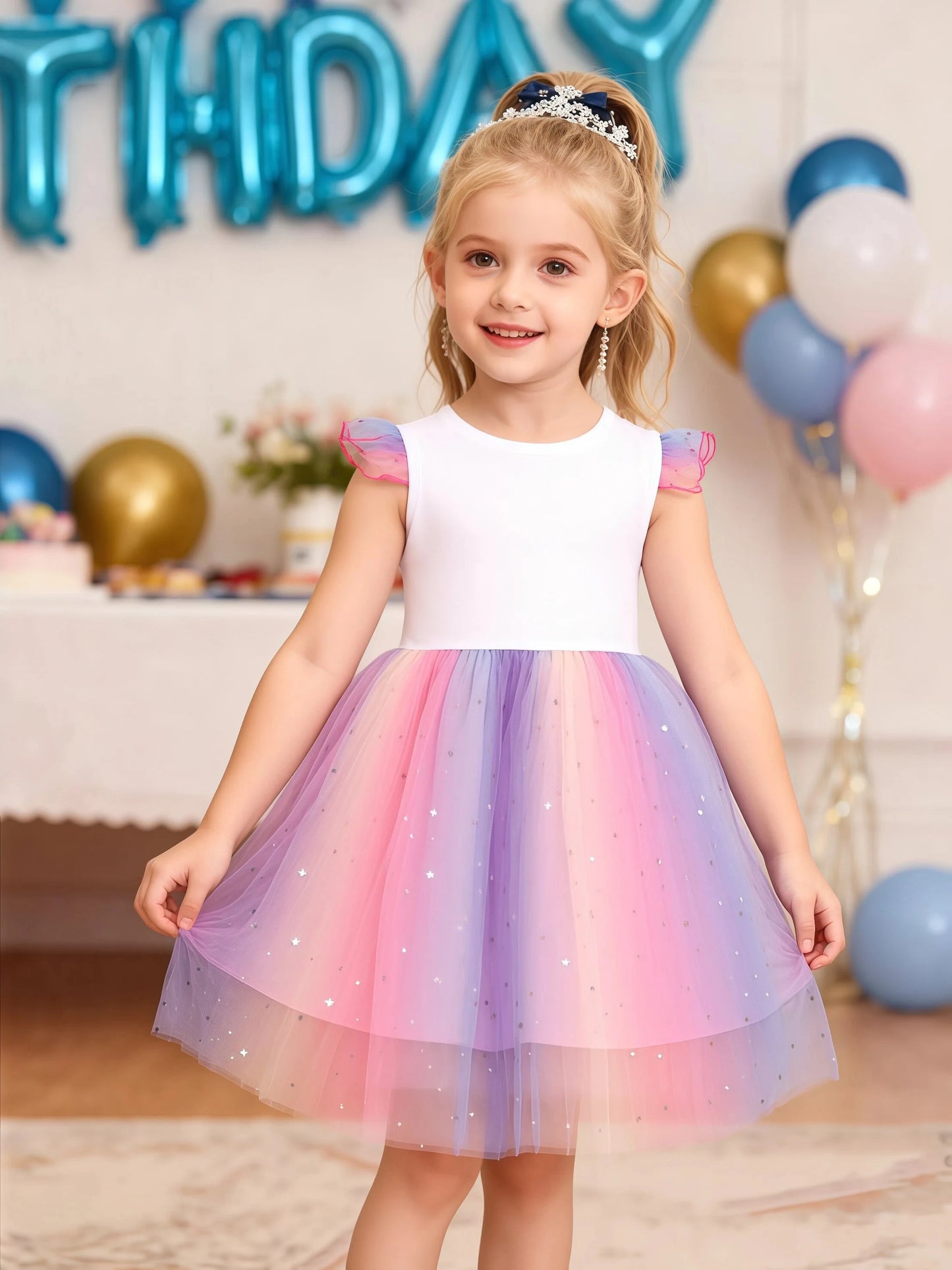 K-Pop Hunters Rumi Baby Girls Dress Children Cartoon Mesh Star Sequins Princess Dress Kids Flying Sleeve Skirt For Birthday Gift