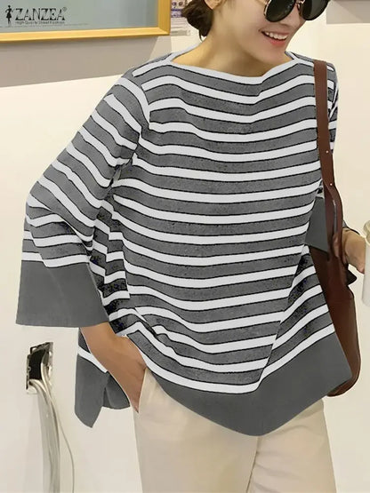 ZANZEA Fall 2025 Women's Striped T-Shirts Loose Boatneck 3/4 Sleeve Side Slit Tees Woman Everyday Casual Wear Streetwear S-3XL