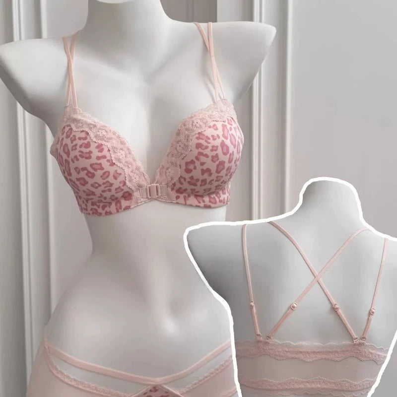 Victoria Style MOYISU Pink Leopard Wireless Bra Set, Front Hook Design, Push Up Bralette, Sexy Back Lingerie To Boost Small Bust