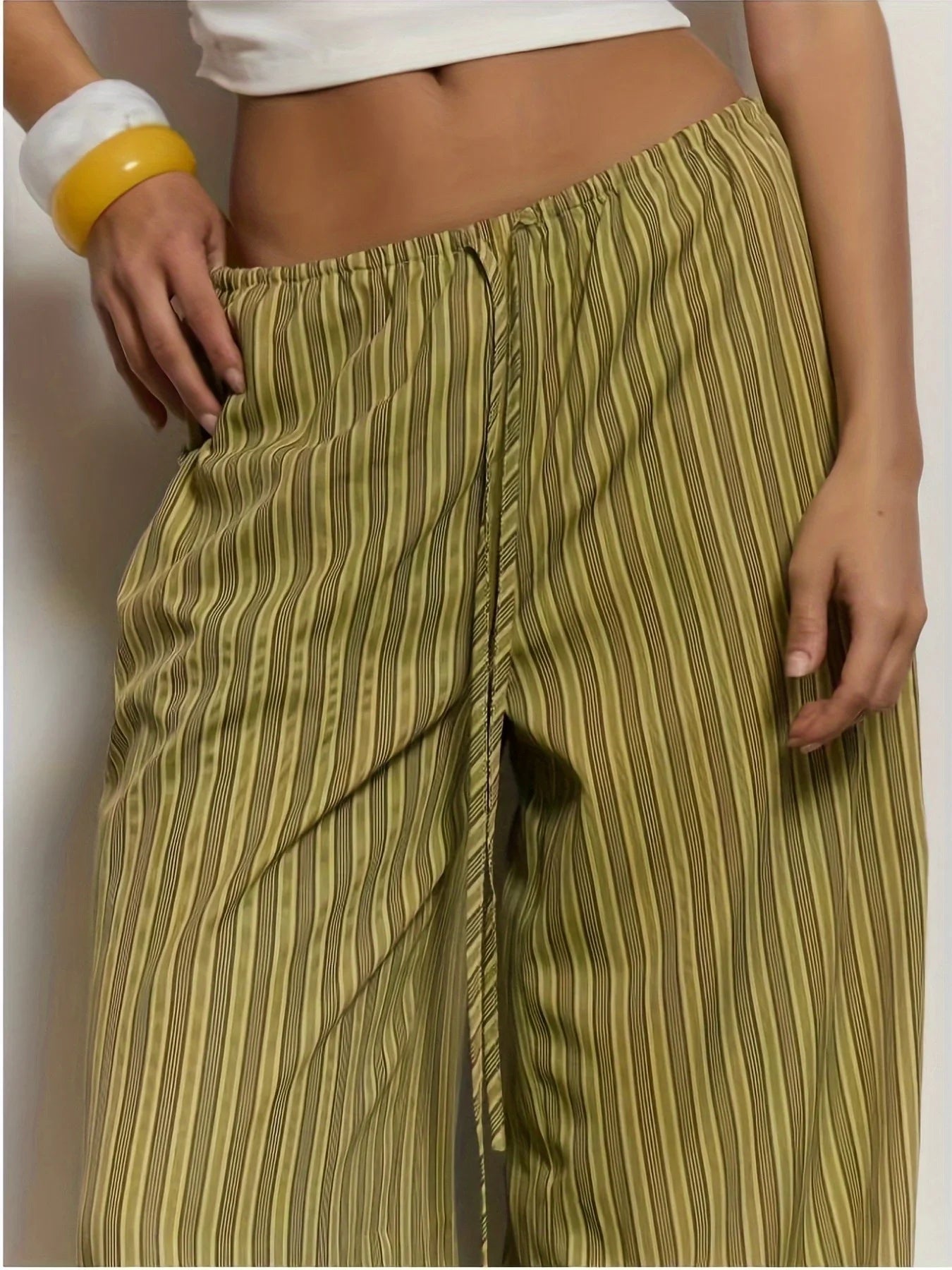 Women's Green Striped Wide-Leg Pants, New Summer Arrival, Drawstring Elastic Waist, Draping Casual Trousers, Lazy Style Floor-Le