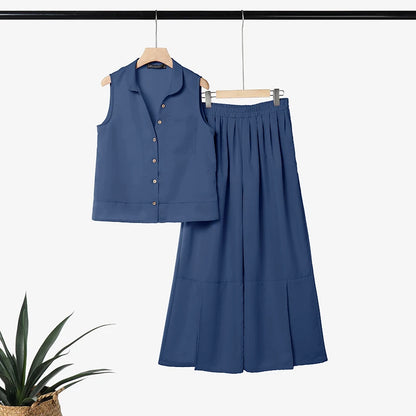 2026 ZANZEA Summer Wide Leg Pant Sets Stylish Lapel Neck Sleeveless Shirt Trousers Suit Women Solid OL Work Outfits 2 Piece Sets