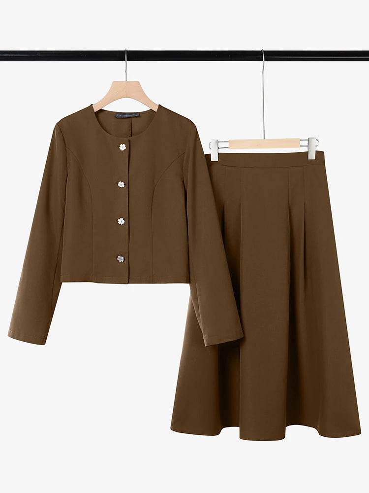 2026 ZANZEA Office Women Outfits 2 Piece Sets Spring Fashion O Neck Long Sleeve Shirt Dress Sets Elegant OL Work Midi Skirt Suit