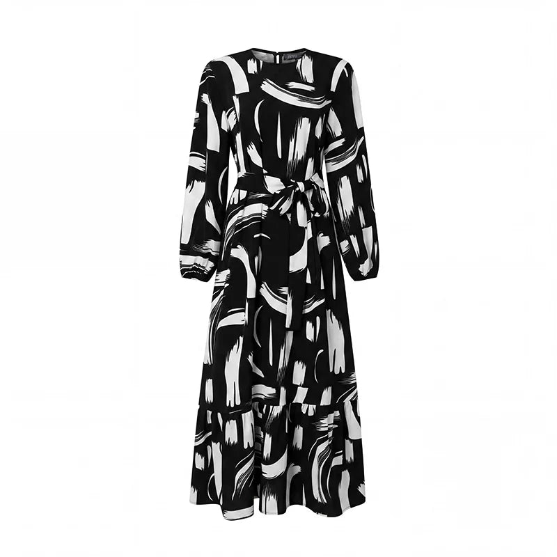 ZANZEA Stylish Women Printed Muslim Dress Abaya Elegant O Neck Long Lantern Sleeve Maxi Sundress Dubai Robe Femme Casual Kaftan