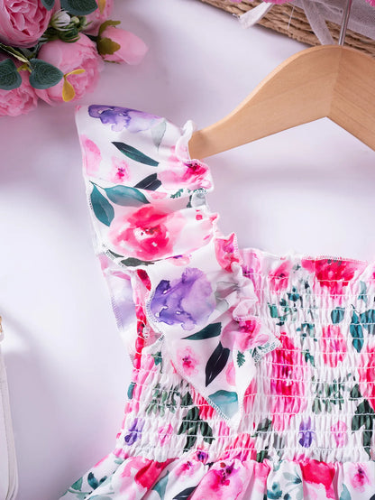 1 - 7 Y Baby Girls Sweet Floral Dress with Ruffled Sleeves & Smocked Waist - Perfect for Party & Summer Wear for Kids Girl Dress
