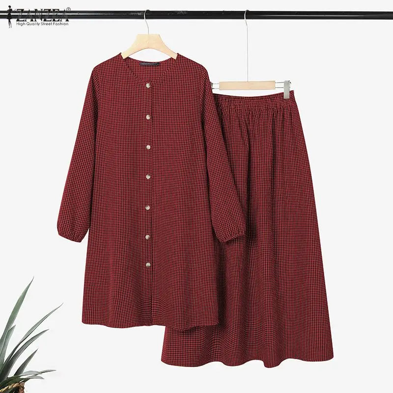 2026 ZANZEA Muslim 2 Pieces Sets Long Shirt Dress Suit Hijab Tracksuit Oversize Plaid Outfit Women Long Sleeve Tops Kaftan Skirt