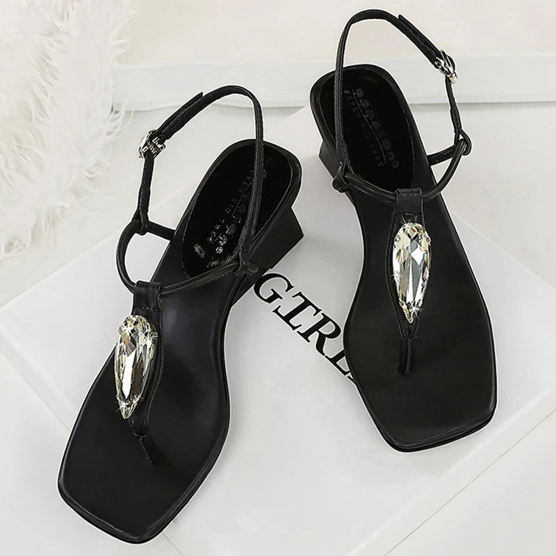 BIGTREE Shoes Women Sandals Rhinestone Design Flip-flops Wedge Heels Women Shoes Square Head Lady Shoes Wedgies Buckle Sandals