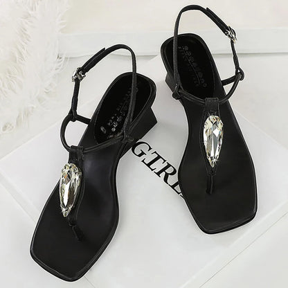 BIGTREE Shoes Women Sandals Rhinestone Design Flip-flops Wedge Heels Women Shoes Square Head Lady Shoes Wedgies Buckle Sandals