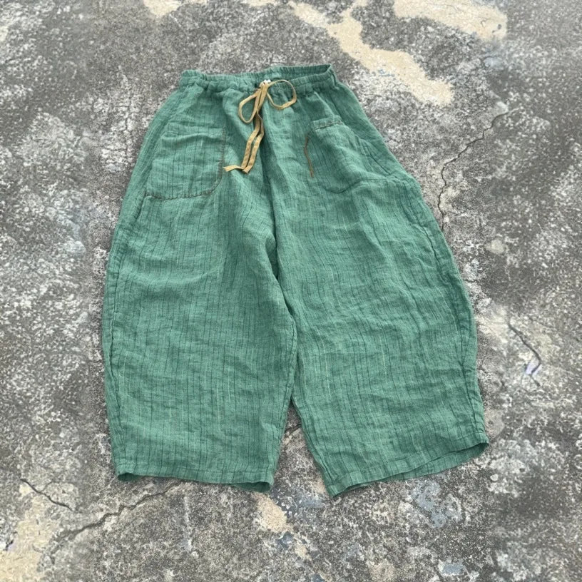 Women's Striped Linen Pants Autumn 2025 Wide Leg Vintage Style Loose Pants Pockets Breathable Woman Clothing Casual Trousers