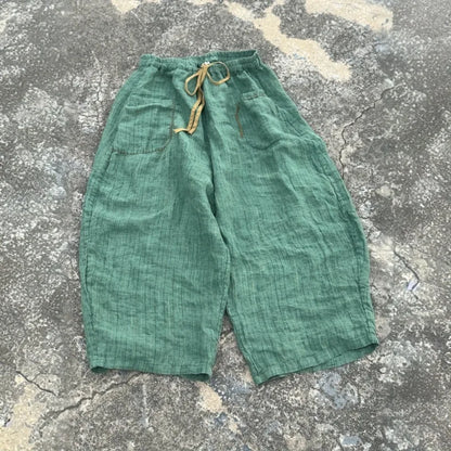 Women's Striped Linen Pants Autumn 2025 Wide Leg Vintage Style Loose Pants Pockets Breathable Woman Clothing Casual Trousers