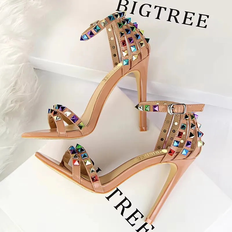 BIGTREE Shoes Color Rivets Women Sandals Roman Style Heeled Sandals Hollow Out High Heels Stiletto Sexy Party Shoes Sandals