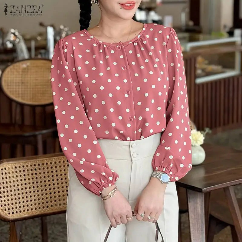 ZANZEA Women Polka Dot Fashionable Blouses O-Neck Lantern Sleeves Button Up Shirt 2026 Spring Fall Daily Casual Camisas de Mujer