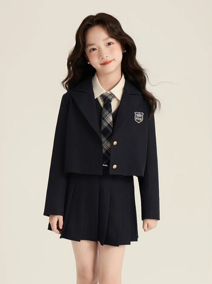 Girls Preppy School Uniform Set 2026 Autumn New Elegant Blazer Shirt Vest Pleated Skirt Outfit for Children