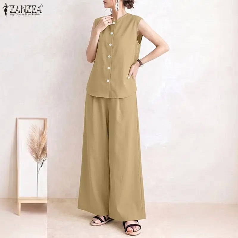 ZANZEA Summer Women 2 Pieces Sets Casual Solid Color OL Work Outfits O Neck Sleeveless Tanks Tops Pants Suit Loose Matching Sets