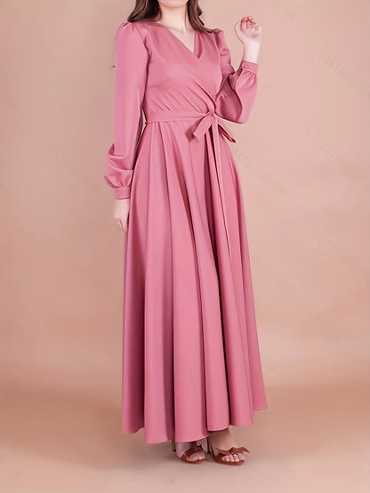 Elegant Loose Rose Red V-Neck Long Sleeve Dress for Women with Waistband Slimming Long Skirt Design