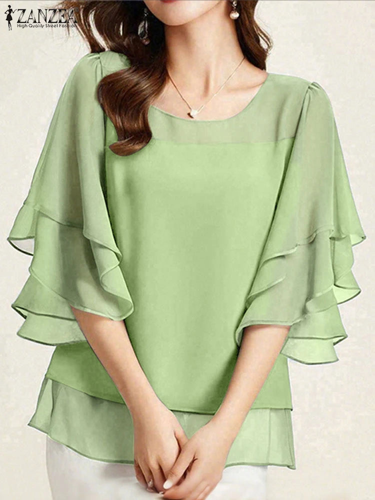 2025 ZANZEA Fashion Women Chiffon Blouse Solid Color Tops Tunic Autumn 3/4 Sleeve Ruffled Shirts Casual Office Lady Elegant Tops