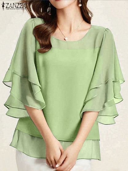 2025 ZANZEA Fashion Women Chiffon Blouse Solid Color Tops Tunic Autumn 3/4 Sleeve Ruffled Shirts Casual Office Lady Elegant Tops