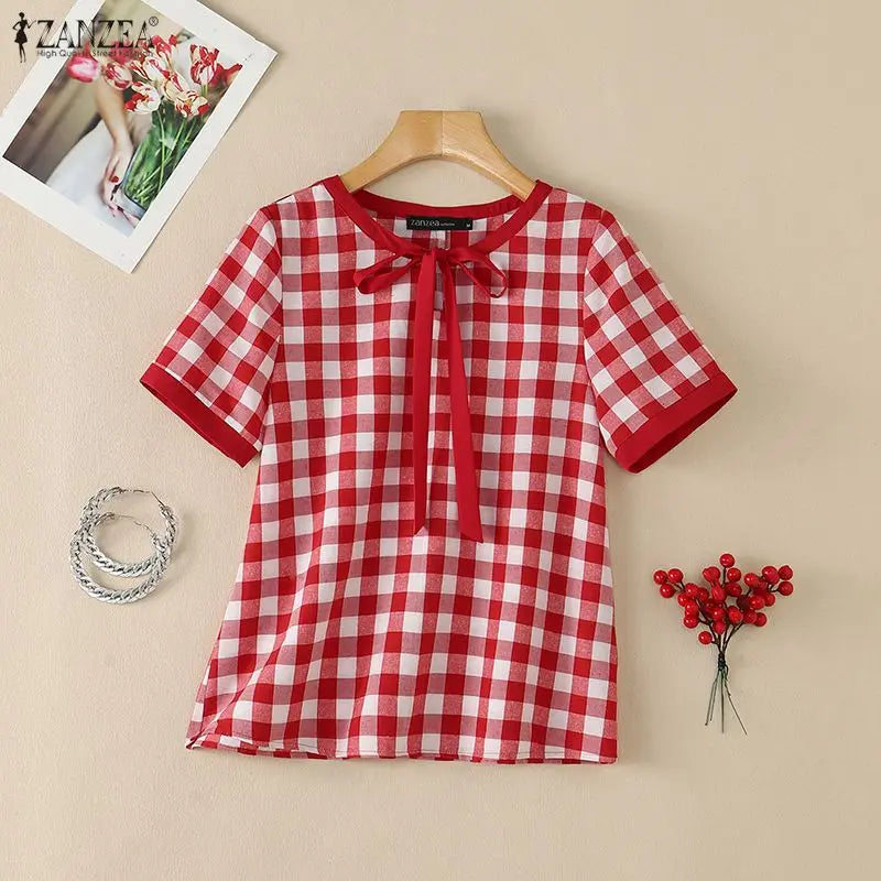 ZANZEA Women Summer Blouses Short Sleeve Blusas Elegant Office Work Tee Casual Plaid Tops O Neck Streetwear Oversize Tunic