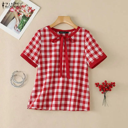 ZANZEA Women Summer Blouses Short Sleeve Blusas Elegant Office Work Tee Casual Plaid Tops O Neck Streetwear Oversize Tunic