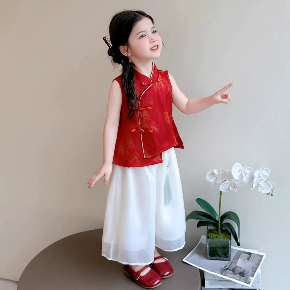 Fashion Chinese Tops Pants Girl Suit Casual Costume Kids Clothes Baby Outfit Summer Two-piece Set Girls Hanfu Children's Sets