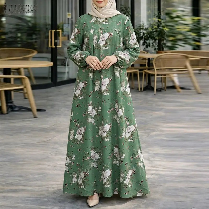 ZANZEA Muslim Abaya Women Bohemian Maxi Long Dress Floral Print Long Sleeve Round Neck Sundress Casual Loose Dresses Kaftan