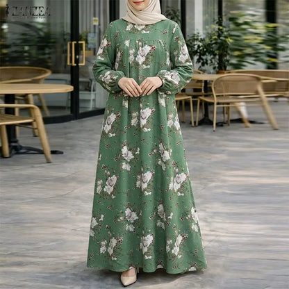 ZANZEA Muslim Abaya Women Bohemian Maxi Long Dress Floral Print Long Sleeve Round Neck Sundress Casual Loose Dresses Kaftan