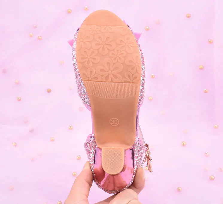 Children Princess Sandals Kids Girls Wedding Shoes High Heels Dress Shoes Bowtie Purple Pink Blue Silver Shoes For Girls