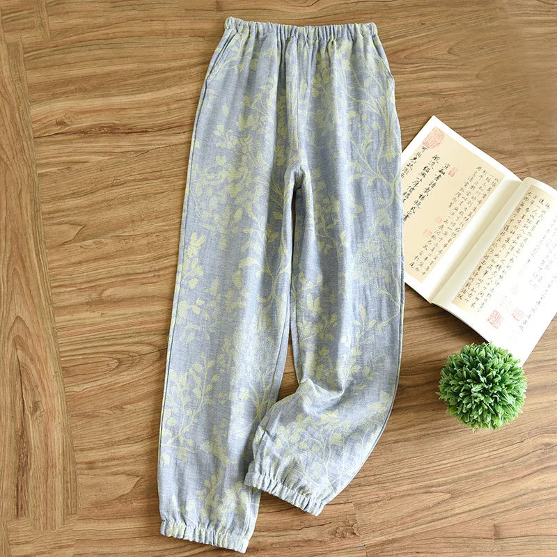 2026 New Spring Summer Women's Pajamas 100% Cotton Crepe Pants Women's Comfortable Loose Large Leaf Home Pants Thin Bottoms