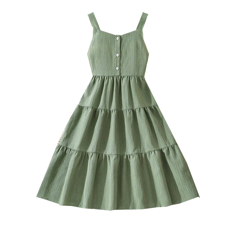 Girls 8-12 Green Summer Dress, Sleeveless Tiered Design with Back Bow & Elastic Waist, Casual Kids Wear