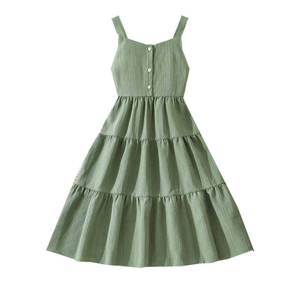 Girls 8-12 Green Summer Dress, Sleeveless Tiered Design with Back Bow & Elastic Waist, Casual Kids Wear