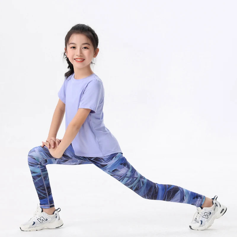 2pcs Kids Sportswear Gym Yoga Clothes Quick-Drying Top Base Skinny Shark Pants Summer Set Girls Active Wear Fitness Outfit