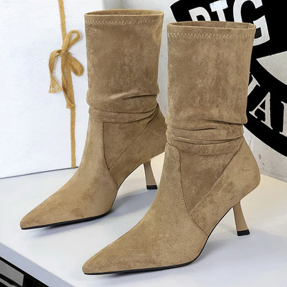 2026 New Women Pleated Elastic Boots Pointed Tip Mid-Calf Boots Women Shoes Suede Autumn Winter Boots Stilettos High Heel Boots