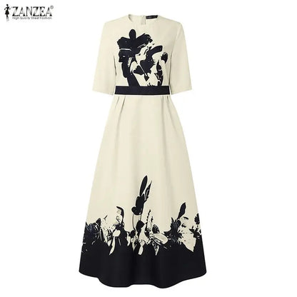 ZANZEA Stylish Floral Printed Dress Bohemian Women Maxi Long Dress Trend O Neck Half Sleeve Party Dresses Elegant Evening Gown