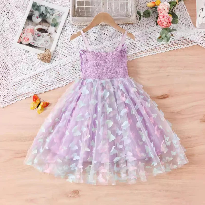 2024 Girls Purple Butterfly Dress Summer Children Colorful Mesh Dress Baby Sling Wings Princess Dress for Birthday 3-8T