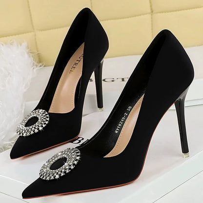 BIGTREE Shoes Women 7.5 cm Heels Rhinestone Round Buckle Women Pumps Silks Satins High Heels Sexy Party Shoes Large Size 34-43