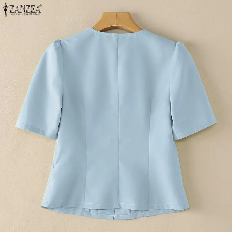 ZANZEA Elegant Woman Princess Seam Blouses Summer V-Neck Puff Sleeves Button Up Solid Short Tops Sophisticated Date Night Blusas