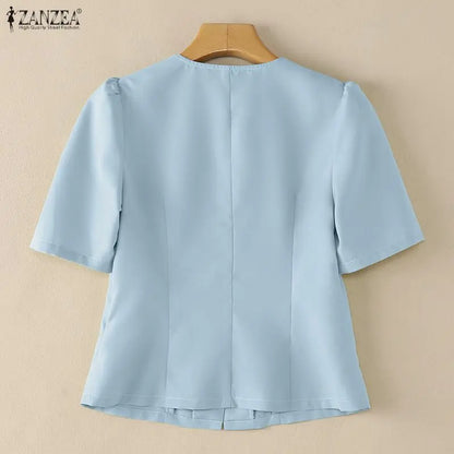 ZANZEA Elegant Woman Princess Seam Blouses Summer V-Neck Puff Sleeves Button Up Solid Short Tops Sophisticated Date Night Blusas