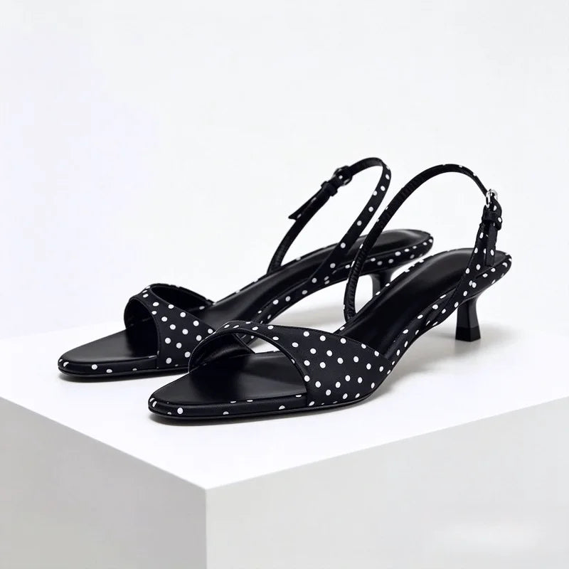 Luxury Satin Kitten Heel Women's Sandals Fashion Open Toe Back Strap High Heels Elegant Polka Dot Decoration Summer Casual Shoes