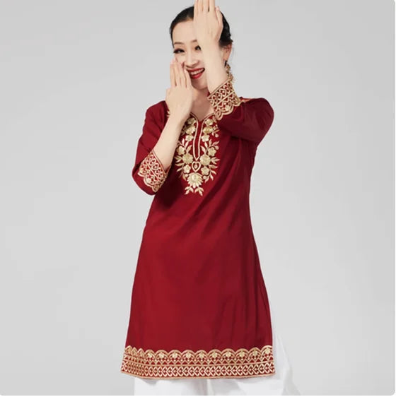 Indian Clothing Women's Pure Cotton Embroidered Side Concealed Long Sleeved Shirt Pakistan