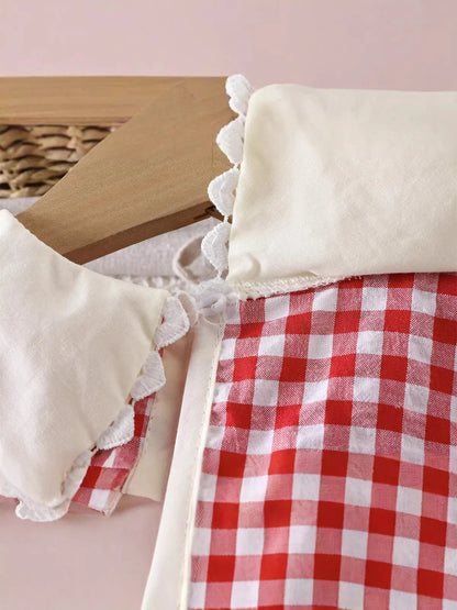 2026 New Summer Cute Children A-Line Dress Red White Plaid Girls Large Bow Sleeveless Dress Peter Pan Collar Clothes