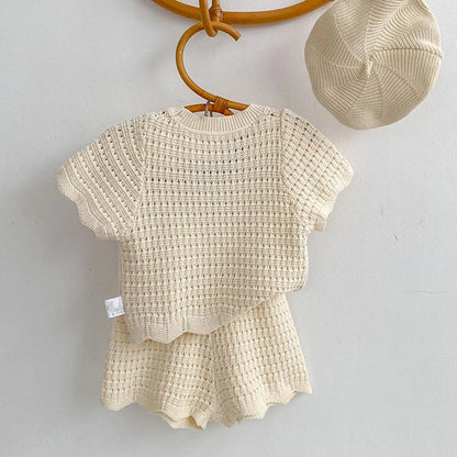 2026 New Summer 0-6Yrs Children Clothes Suit Short Sleeved Solid Color Knitted Pullover+Shorts Newborn Baby Girls Clothing Set